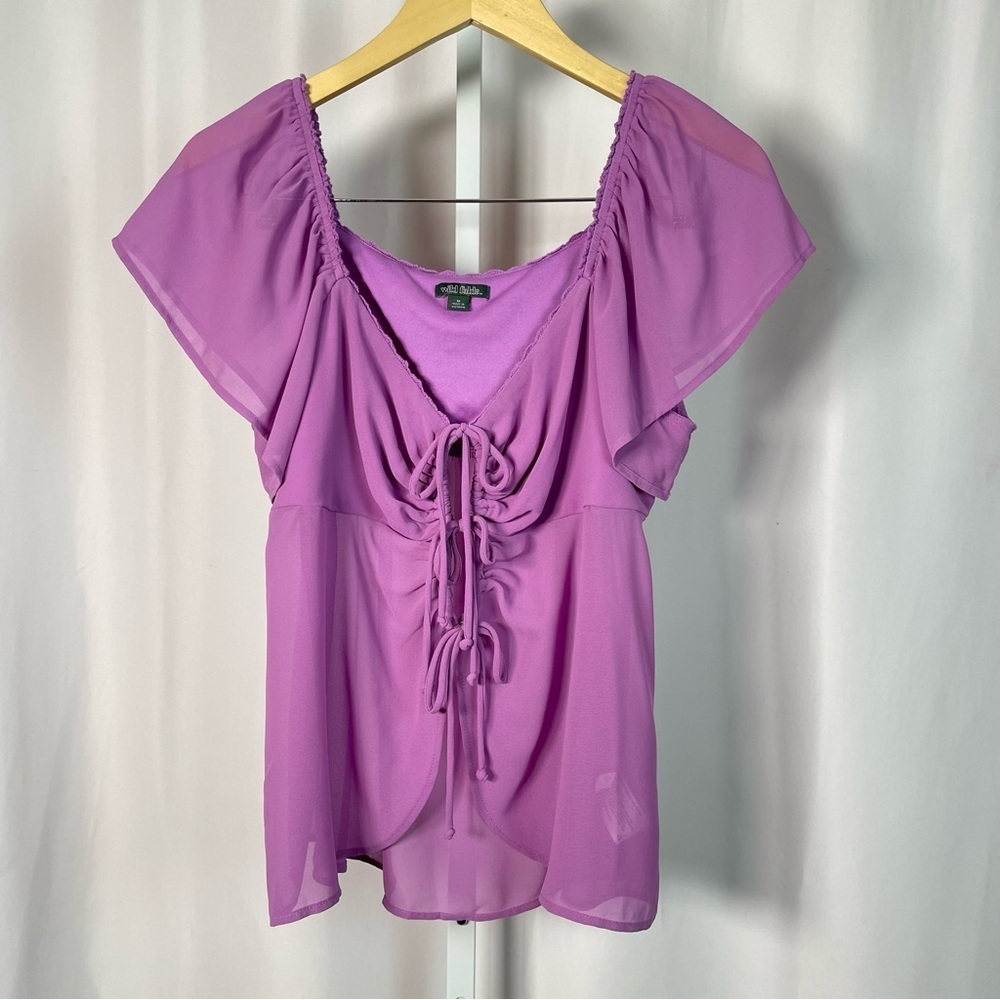 Wild Fable Medium Lilac Ruched Blouse Keyhole Tie Flowy Semi Sheer V Neck Boho